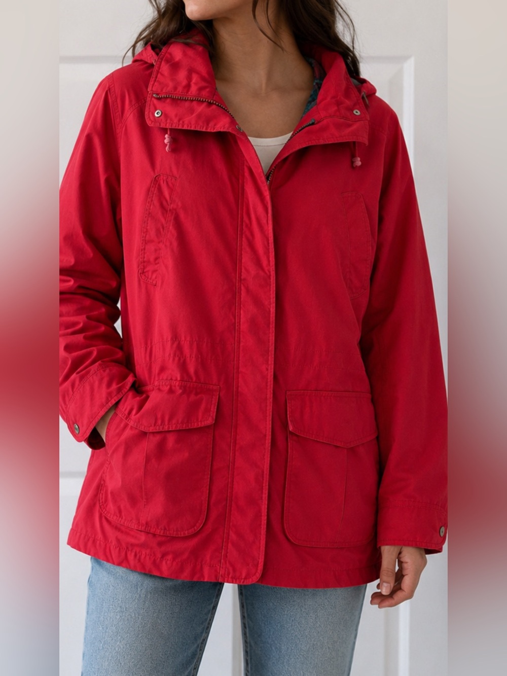 Vintage Pacific Trail Women’s Red Hooded Parka Jacket Plaid Lined Outdoor Coat L